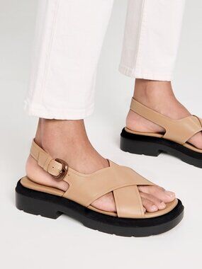 Vince Women's Helena Leather Flat Sandals Beige Dune Leather Lug Sole SZ 8 NEW
